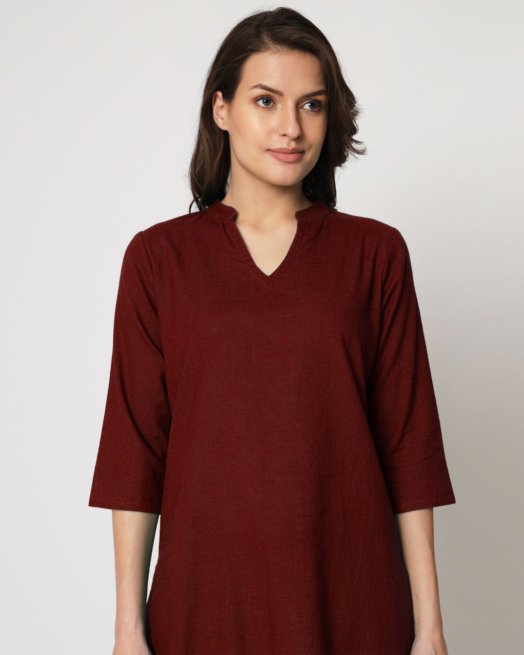 Russet Red Collar Neck Mid Length Solid Co-ord Set