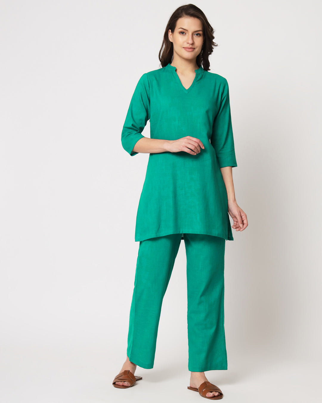 Valley Vista Collar Neck Mid Length Solid Kurta (Without Bottoms)