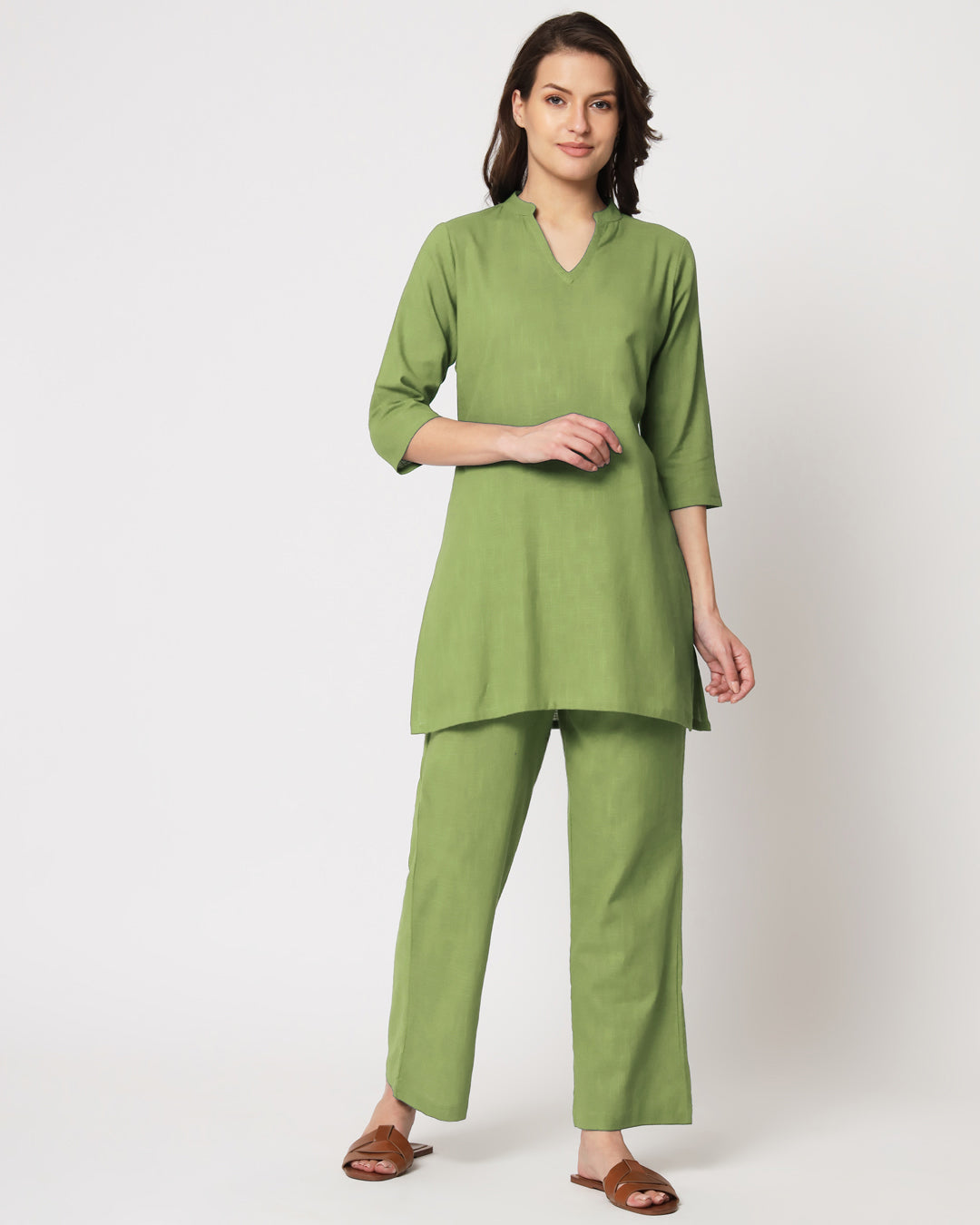 Sage Green Collar Neck Mid Length Solid Kurta (Without Bottoms)