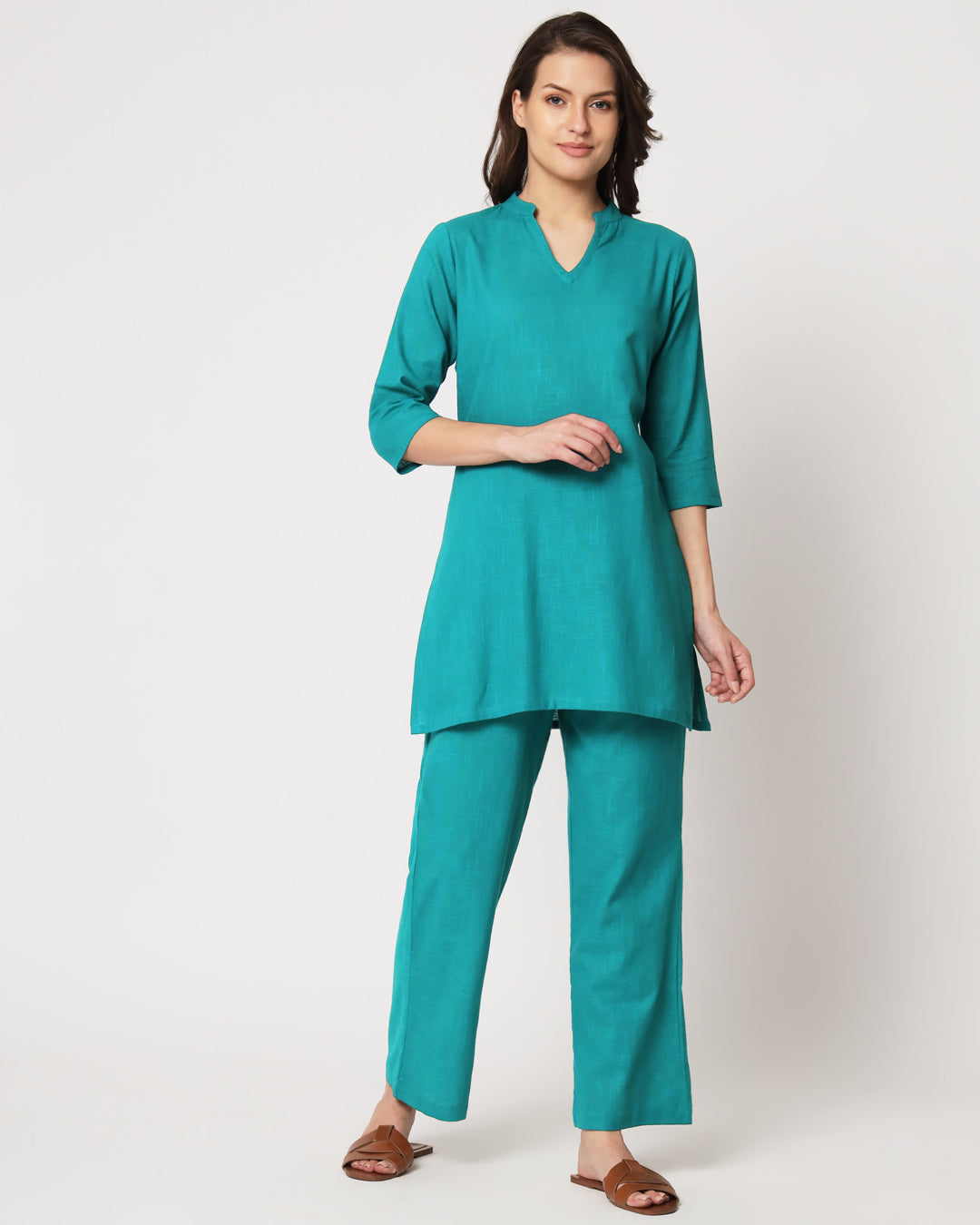 Green Gleam Collar Neck Mid Length Solid Co-ord Set