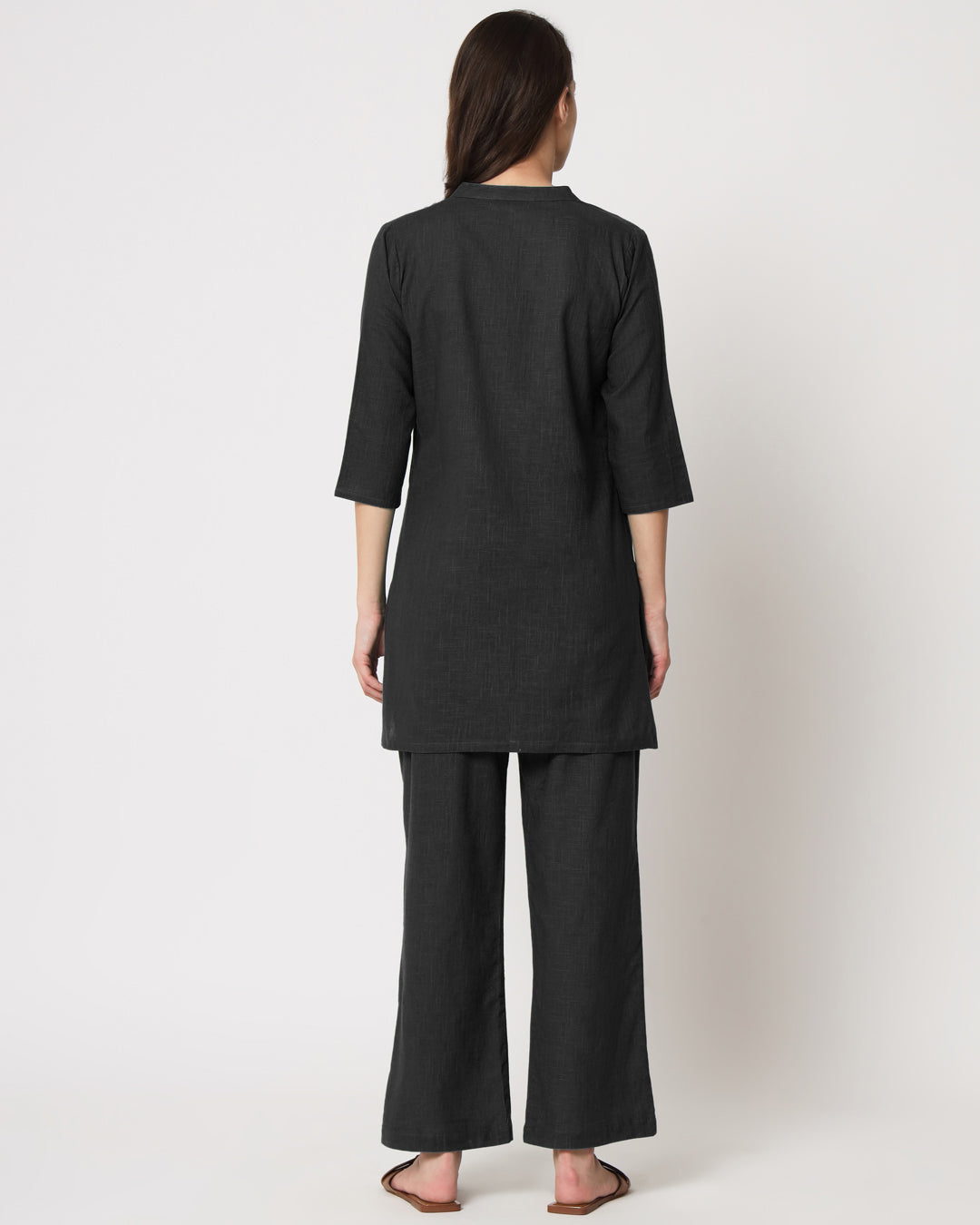 Classic Black Collar Neck Mid Length Solid Kurta (Without Bottoms)