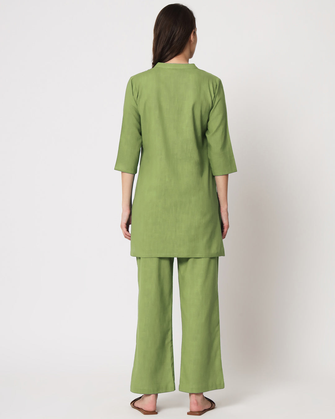Sage Green Collar Neck Mid Length Solid Co-ord Set