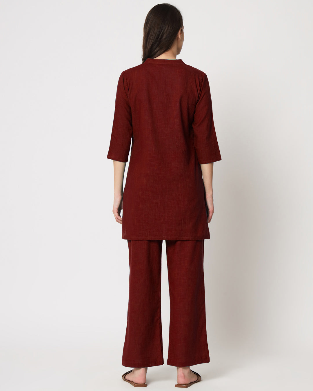 Russet Red Collar Neck Mid Length Solid Co-ord Set