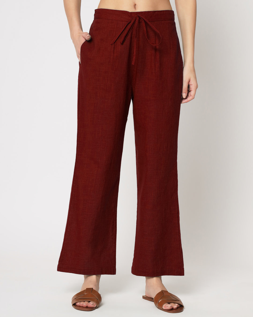 Russet Red Collar Neck Mid Length Solid Co-ord Set