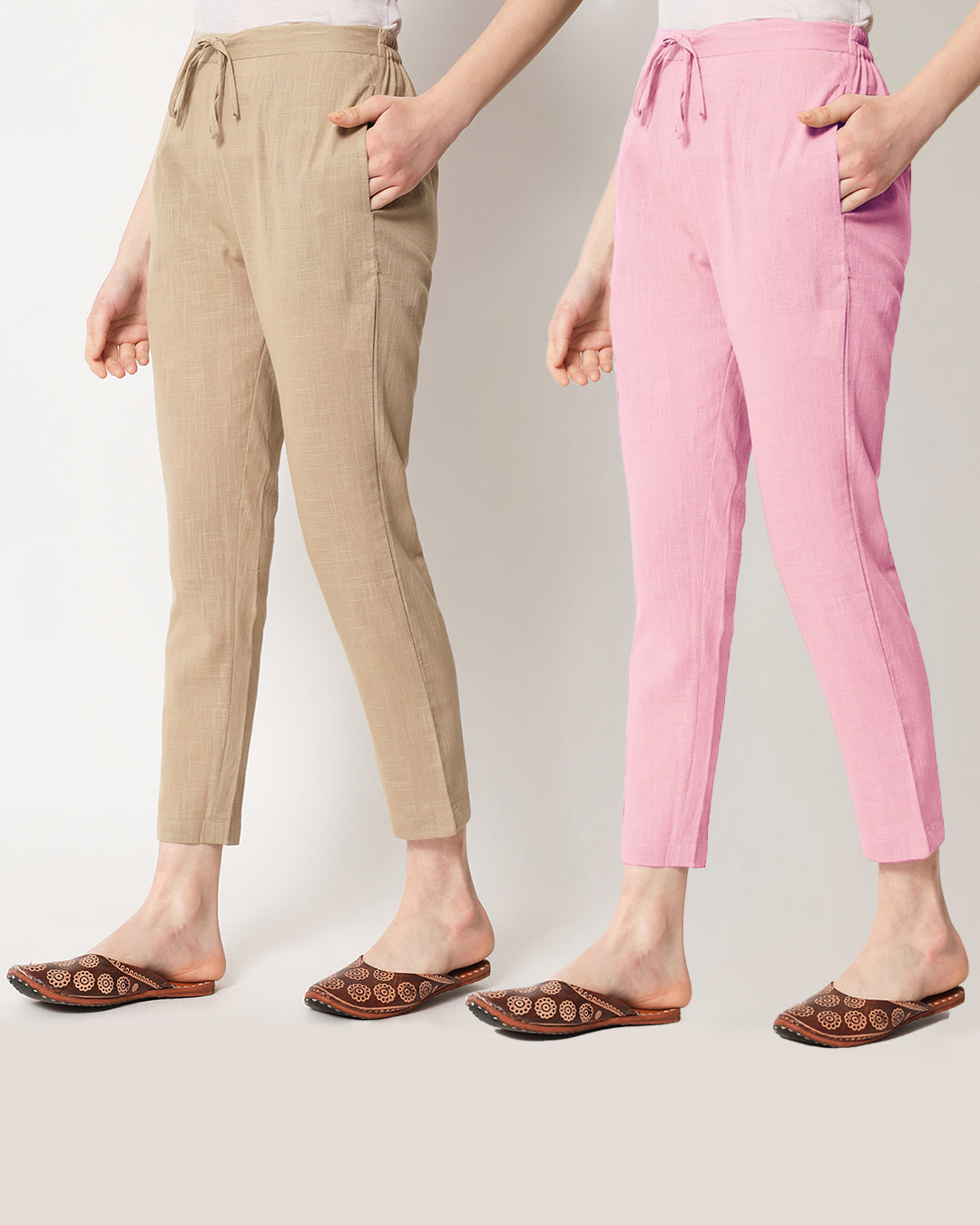 Combo: Beige & Pink Mist Cigarette Pants- Set of 2