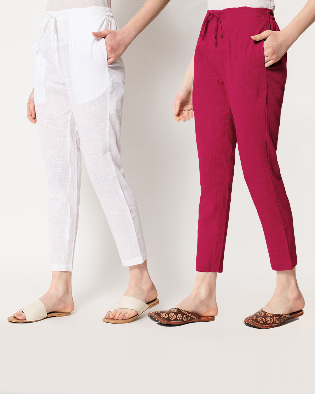 Combo: White & Queen's Gulabi Cigarette Pants- Set of 2 – Thevasa