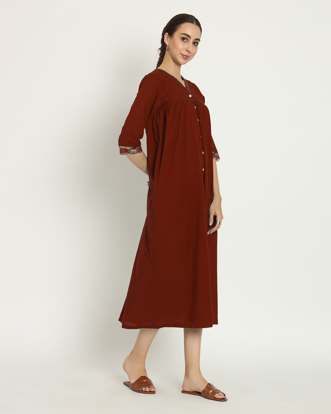 Russet Red V Neck Stylish Slumber Nightdress