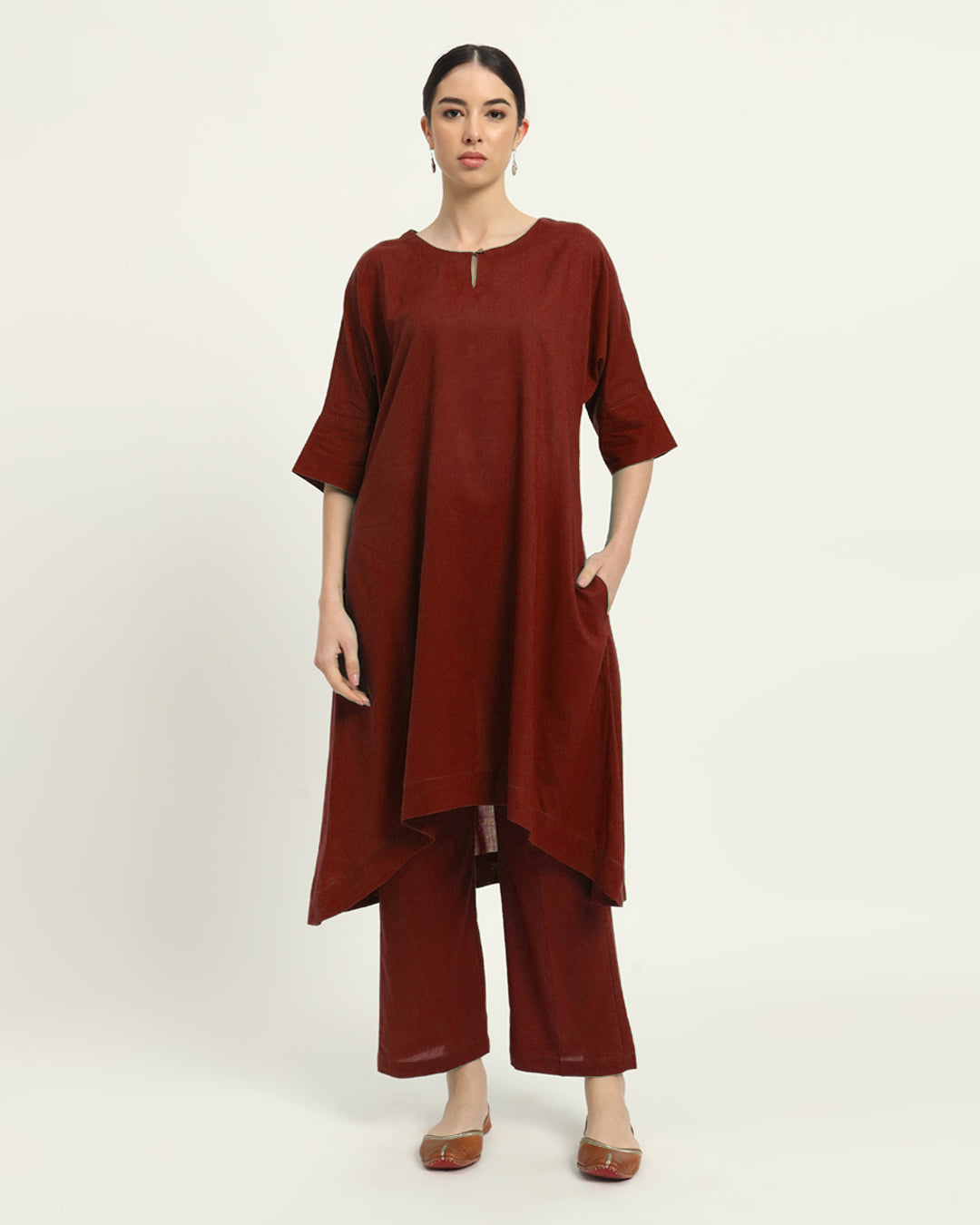 Combo: Beige & Russet Red Flare & Flow Boat Neck Solid Kurta