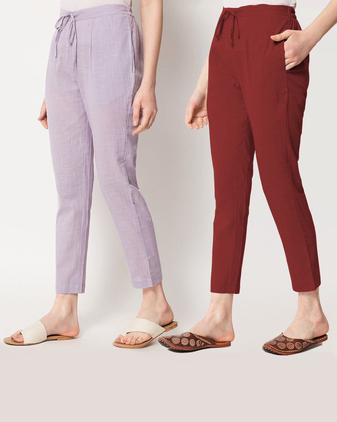 Combo: Lilac & Russet Red Cigarette Pants- Set of 2