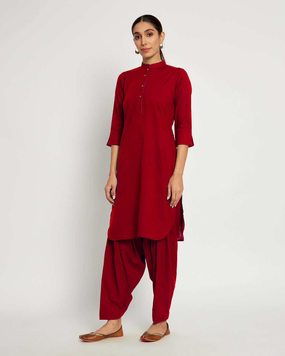 Classic Red Band Collar Neck Solid Kurta (Without Bottoms)