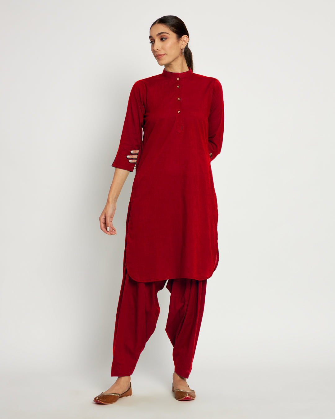 Classic Red Band Collar Neck Solid Co-ord Set