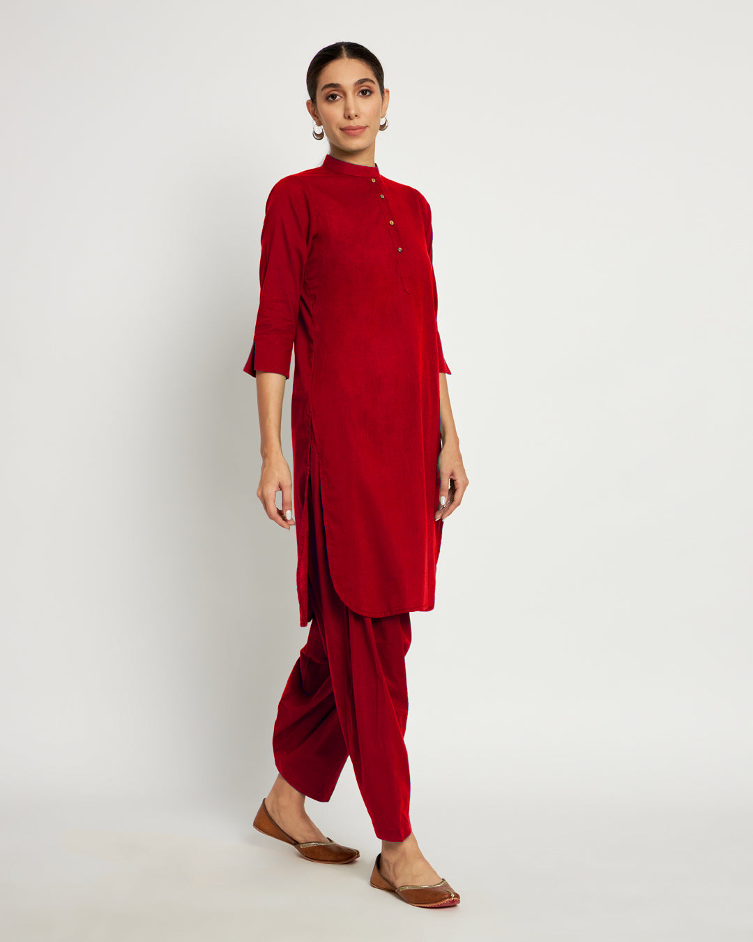 Classic Red Band Collar Neck Solid Kurta (Without Bottoms)