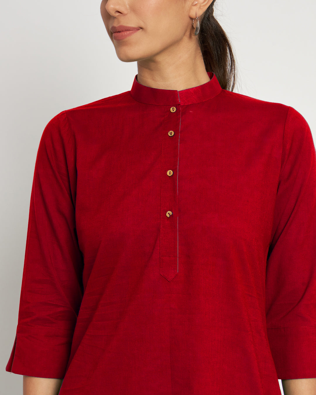 Classic Red Band Collar Neck Solid Kurta (Without Bottoms)
