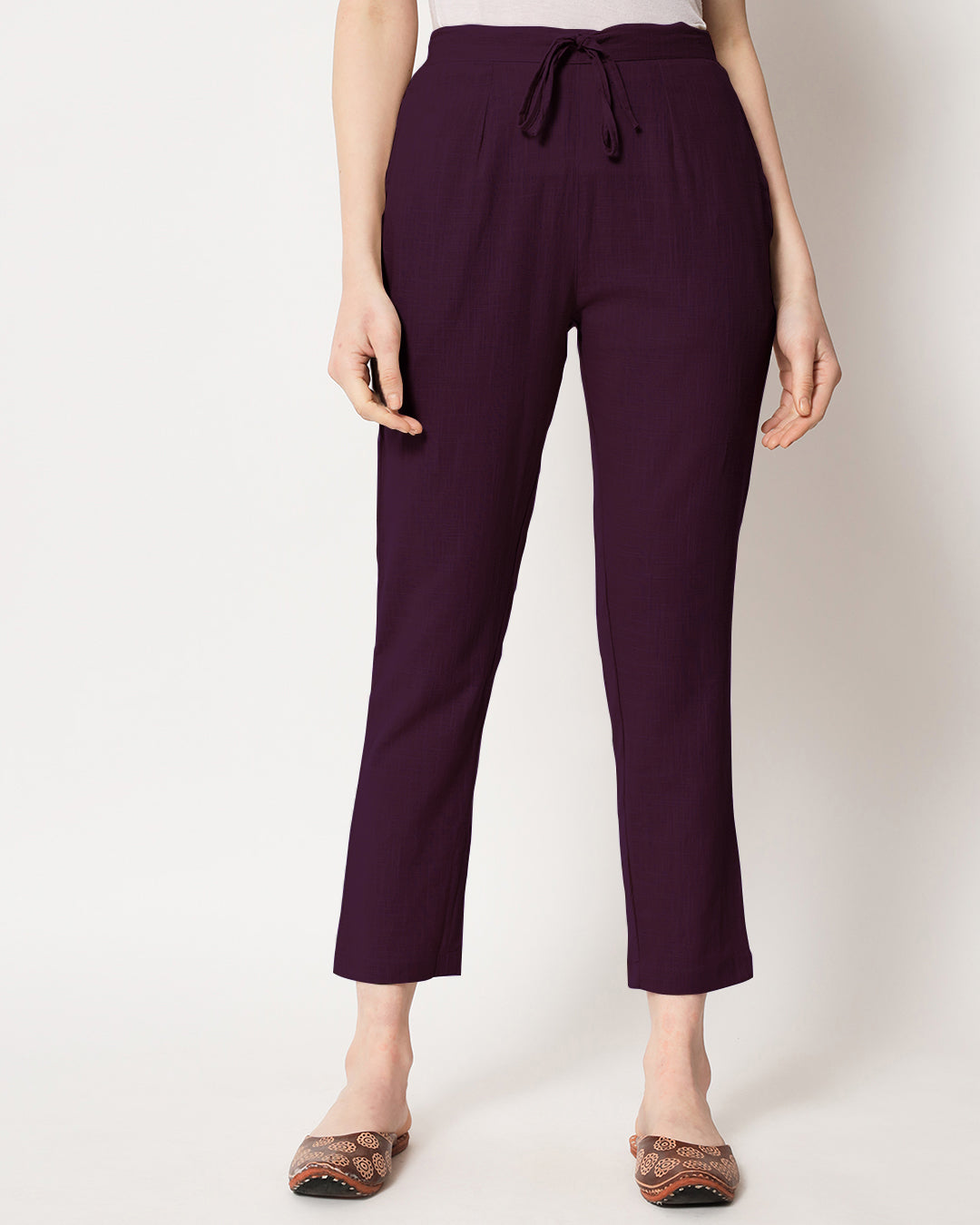 Combo: White & Plum Passion Cigarette Pants- Set of 2