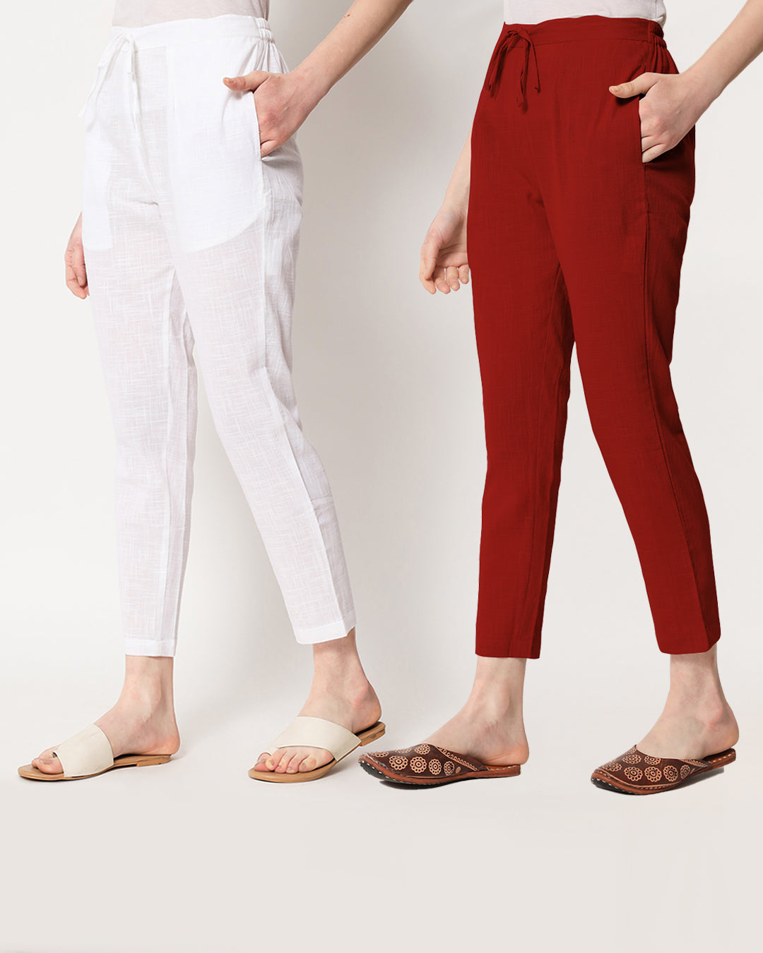 Combo: White & Classic Red Cigarette Pants- Set of 2
