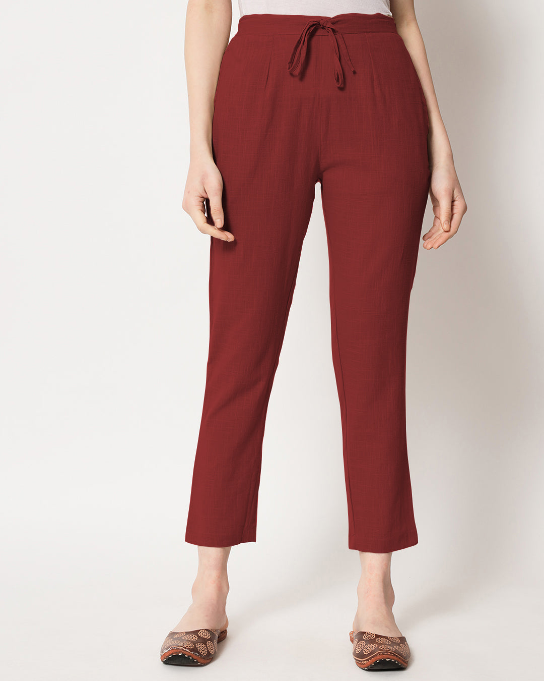 Combo: Beige & Russet Red Cigarette Pants- Set of 2