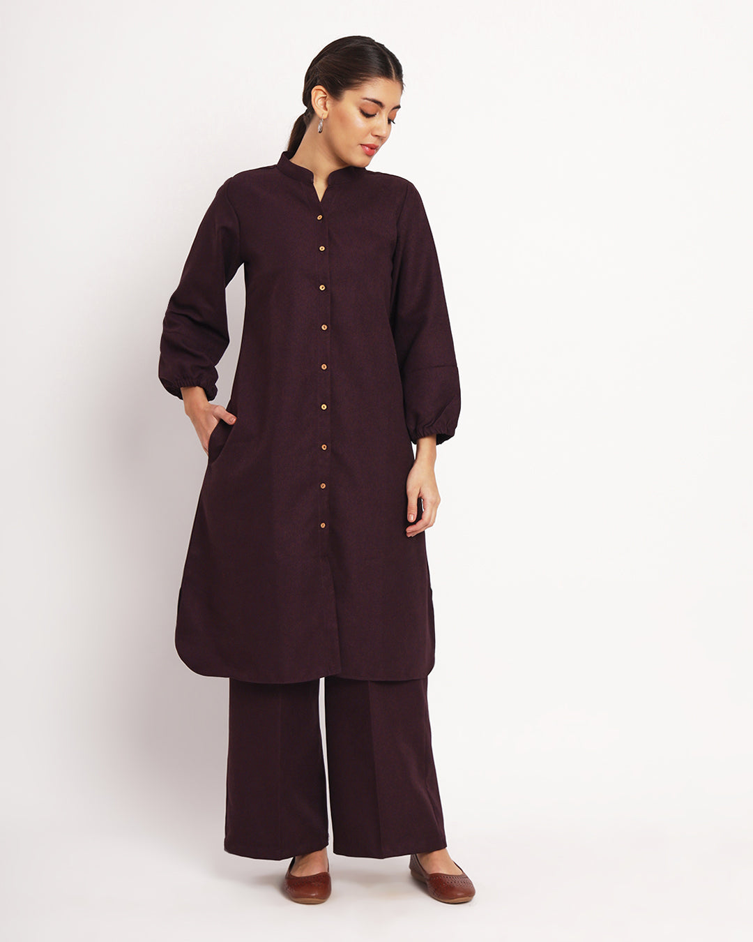 Plum Passion Modish Elegance Notch Neck Woolen Co-ord Set