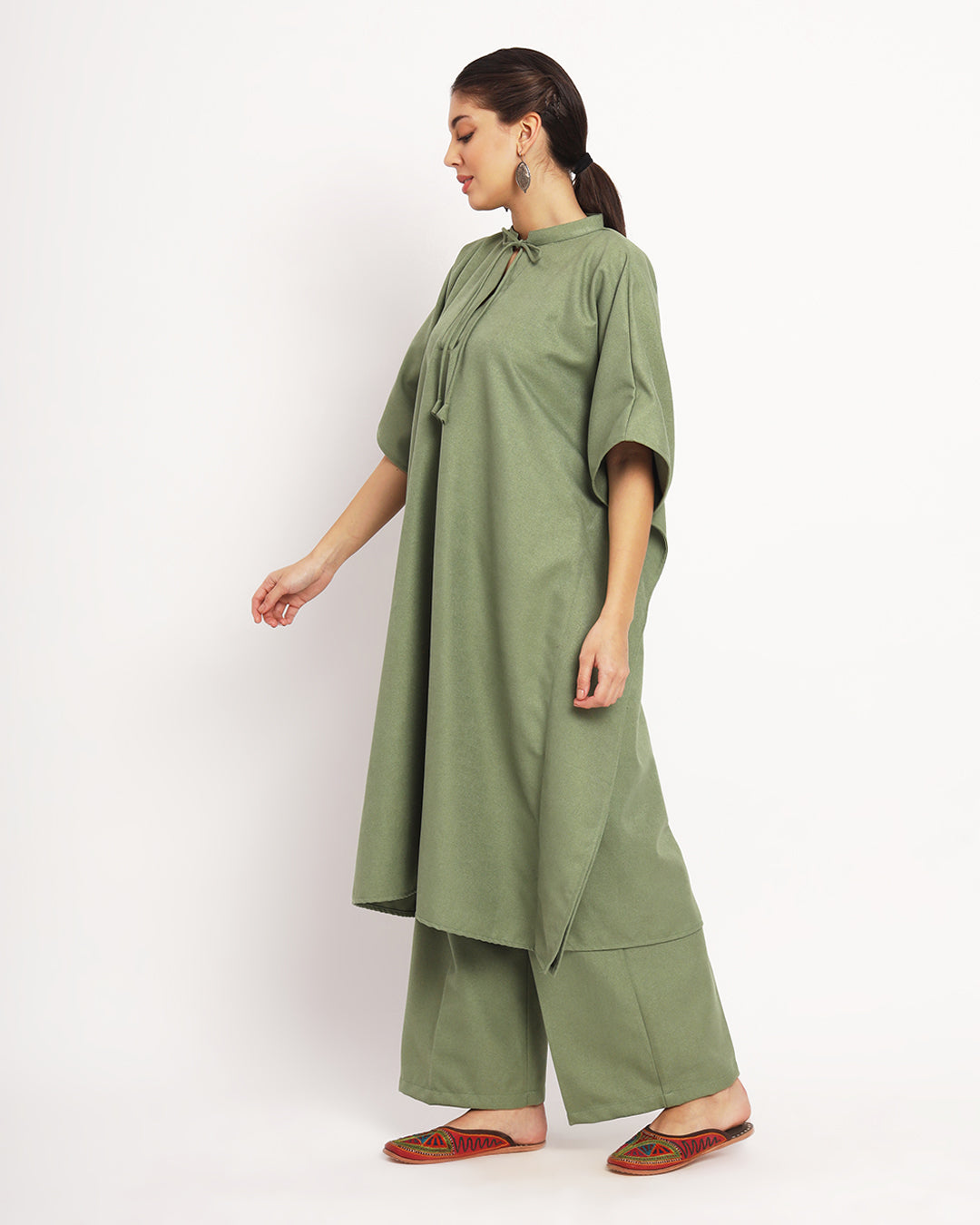 Pistachio Green Band Collar Woolen Kaftan Kurta Dress