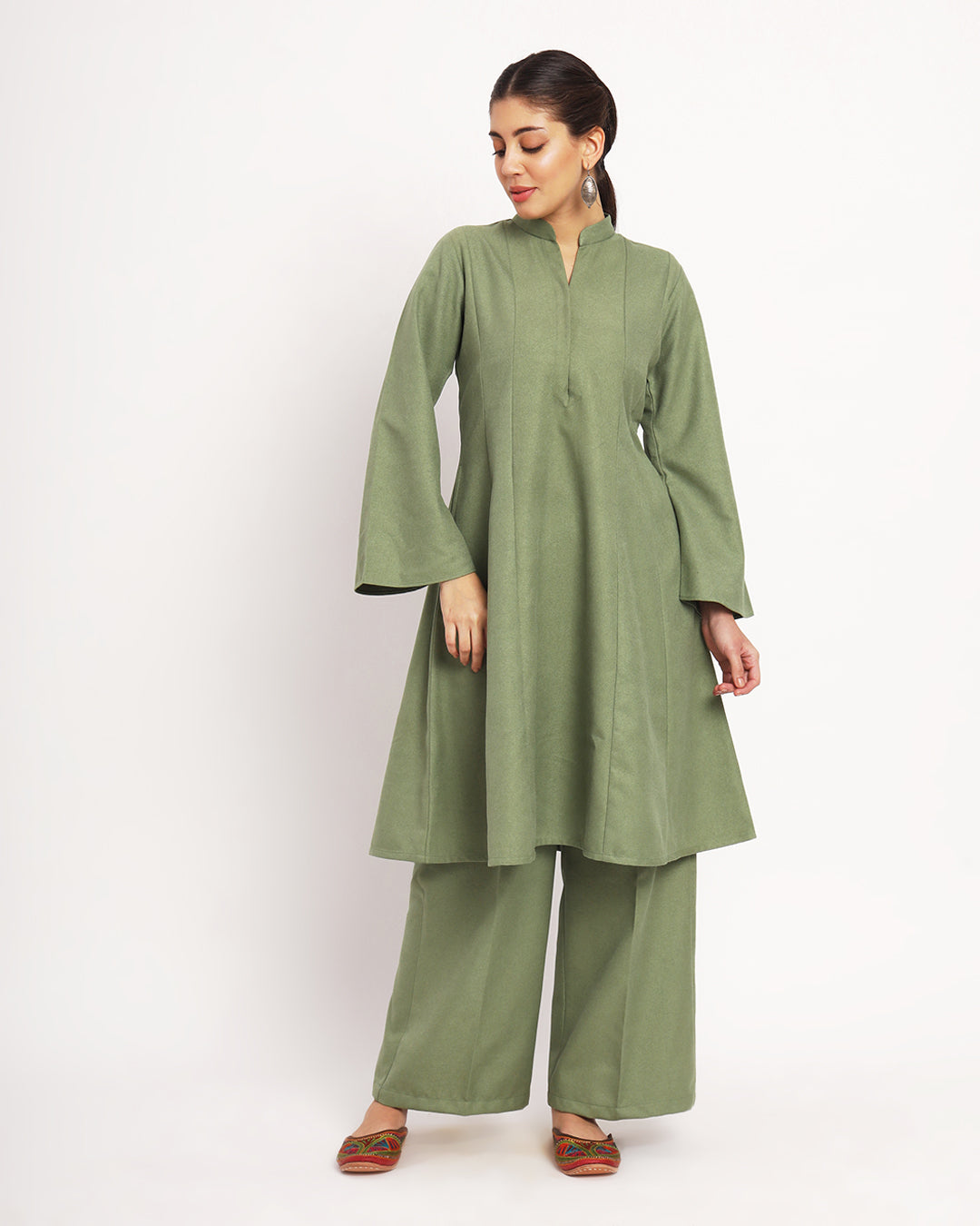 Pistachio Green Flared Woolen Co-ord Set