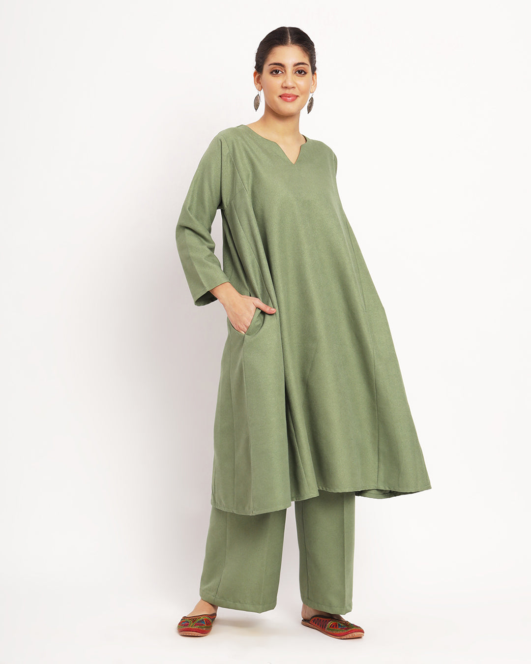 Pistachio Green Vintage Allure Woolen Phiran Co-ord Set