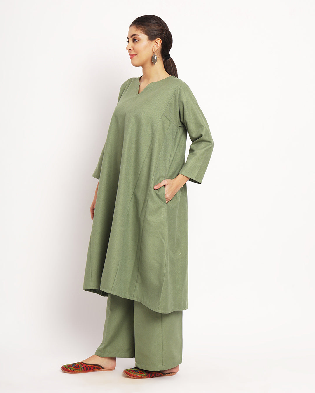Pistachio Green Vintage Allure Woolen Phiran Co-ord Set