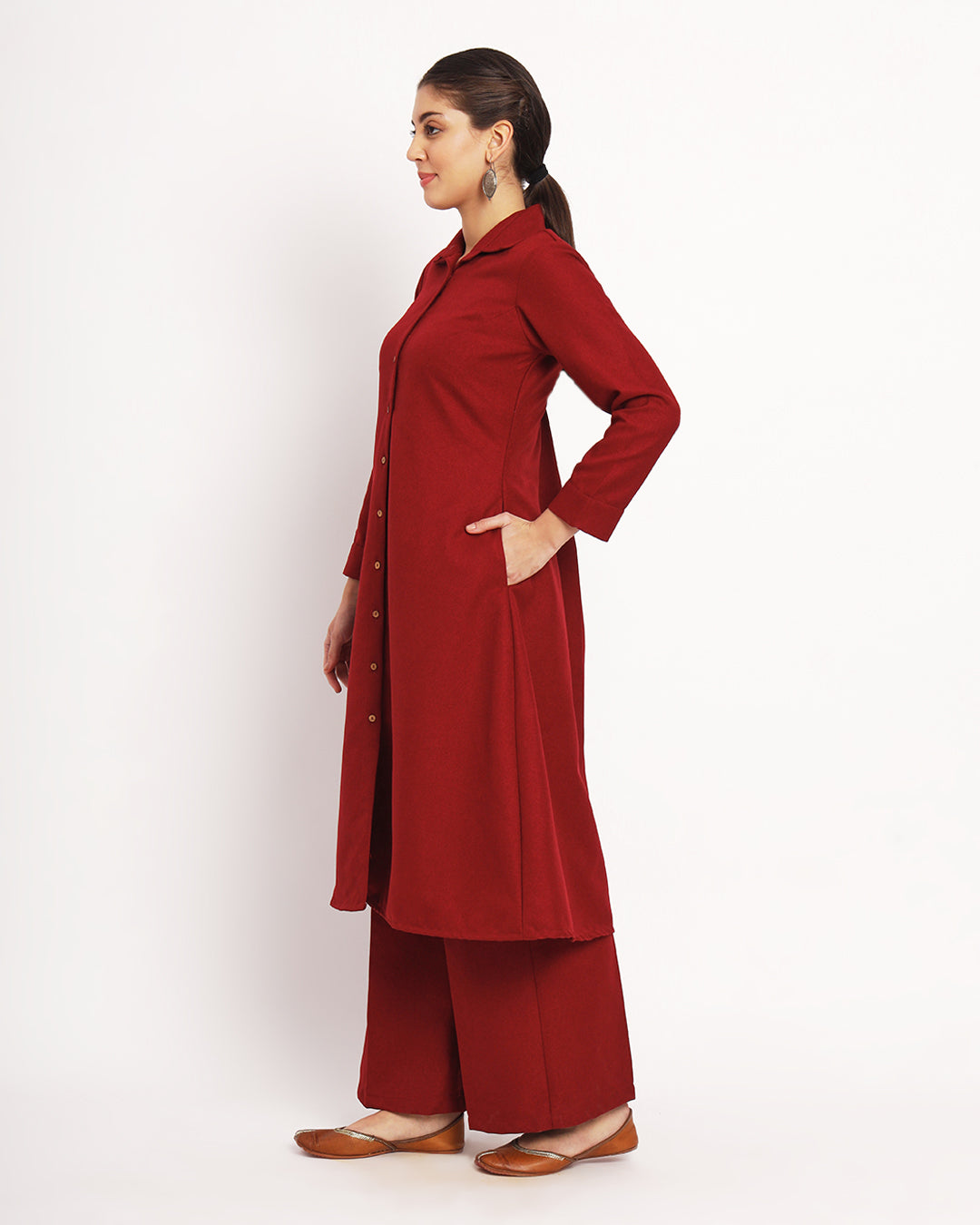 Russet Red Artfull A-Line Woolen Kurta (Without Bottoms)