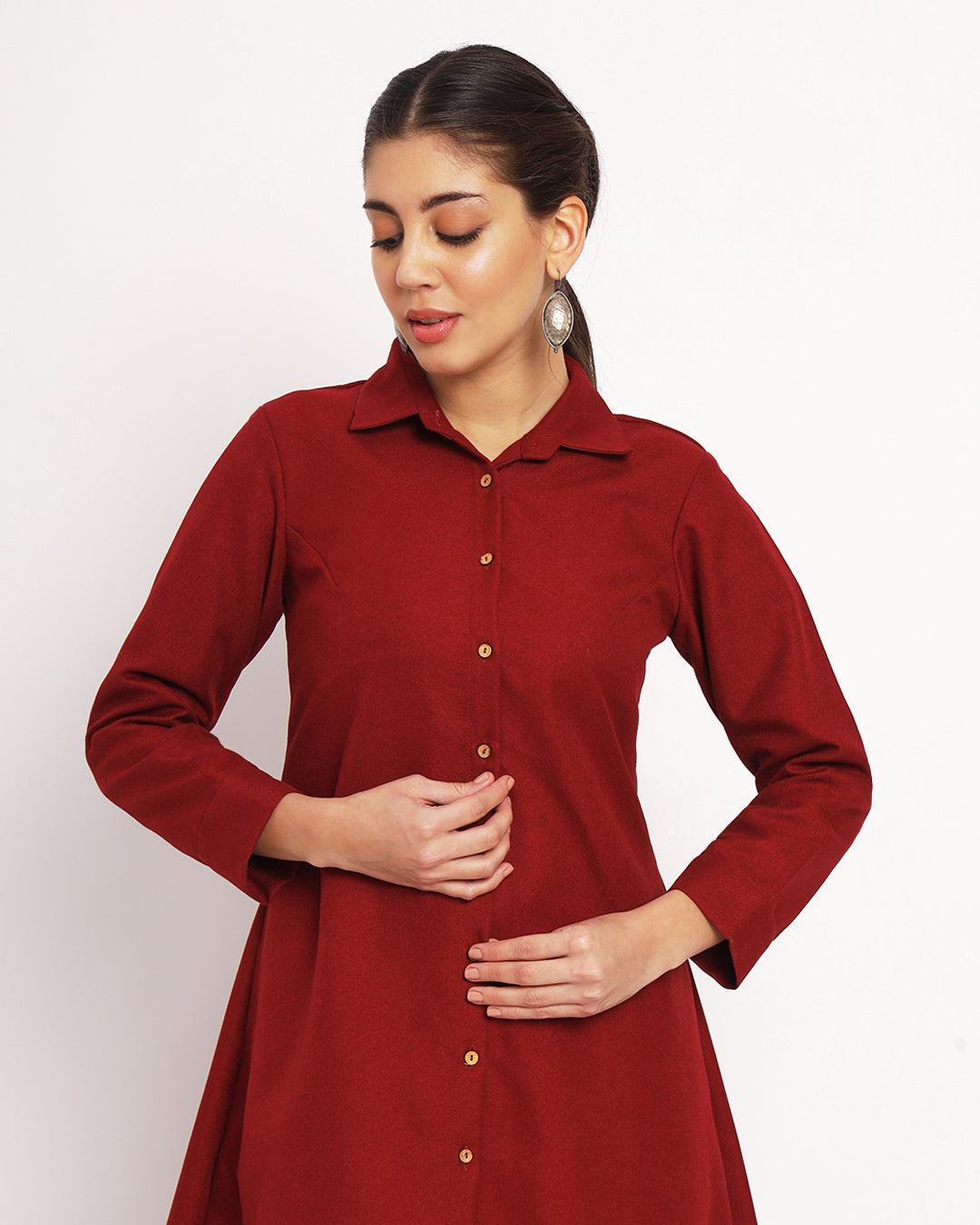 Russet Red Artfull A-Line Woolen Kurta (Without Bottoms)
