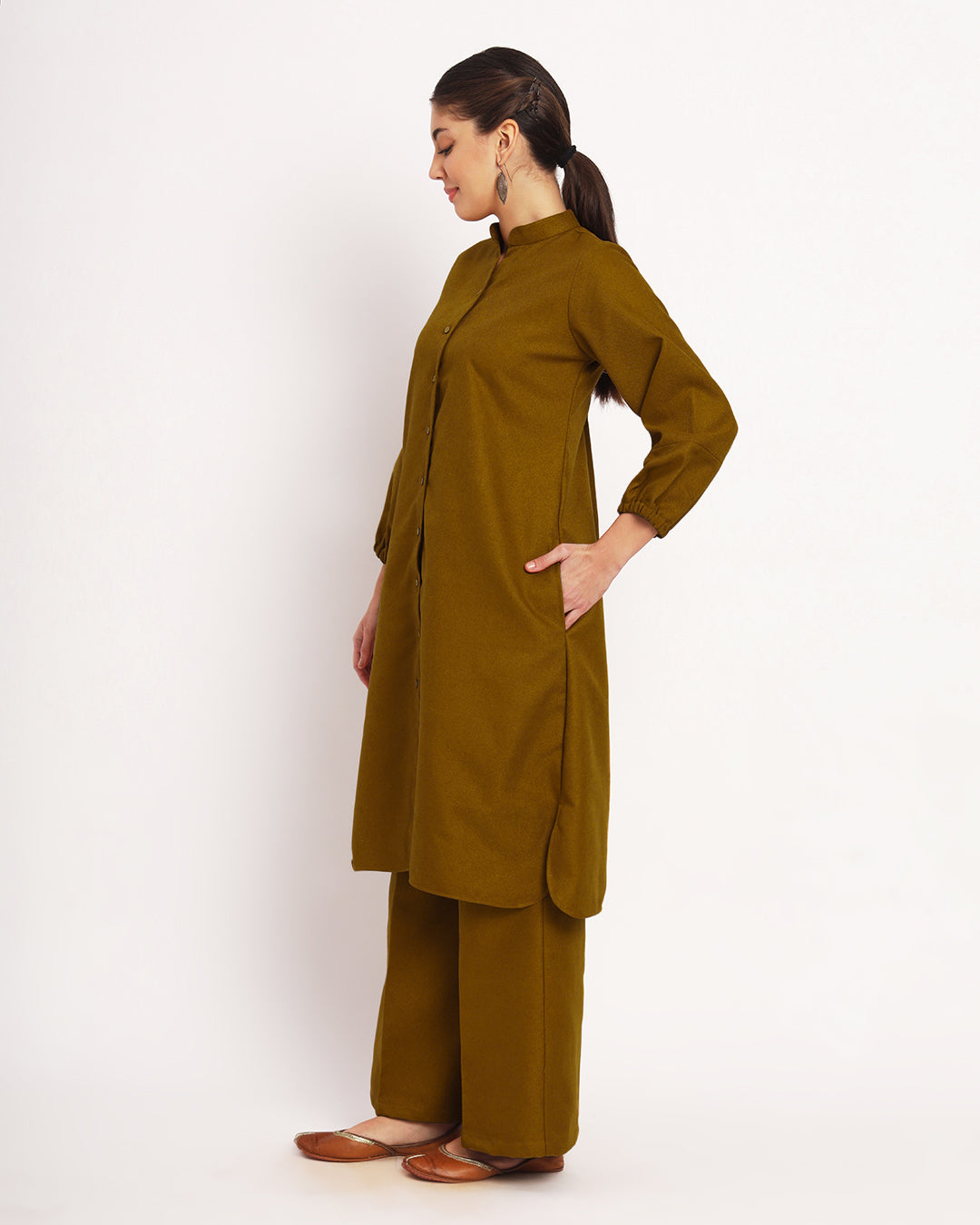 Mustard Modish Elegance Notch Neck Woolen Co-ord Set