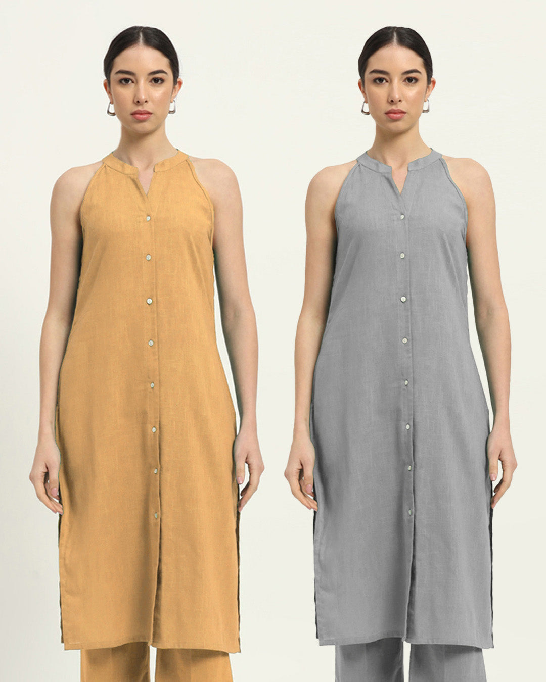 Combo: Beige & Iced Grey Mermaid Button Down Solid Kurta
