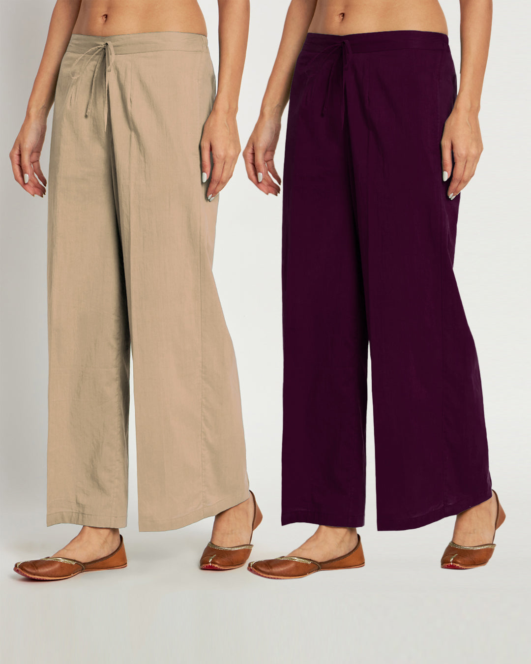 Combo: Beige & Plum Passion Wide Pants- Set Of 2