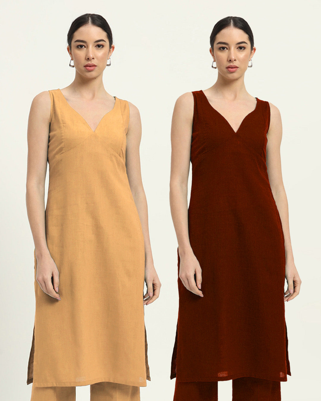 Combo: Beige & Russet Red Modern Muse Sweetheart Solid Kurta