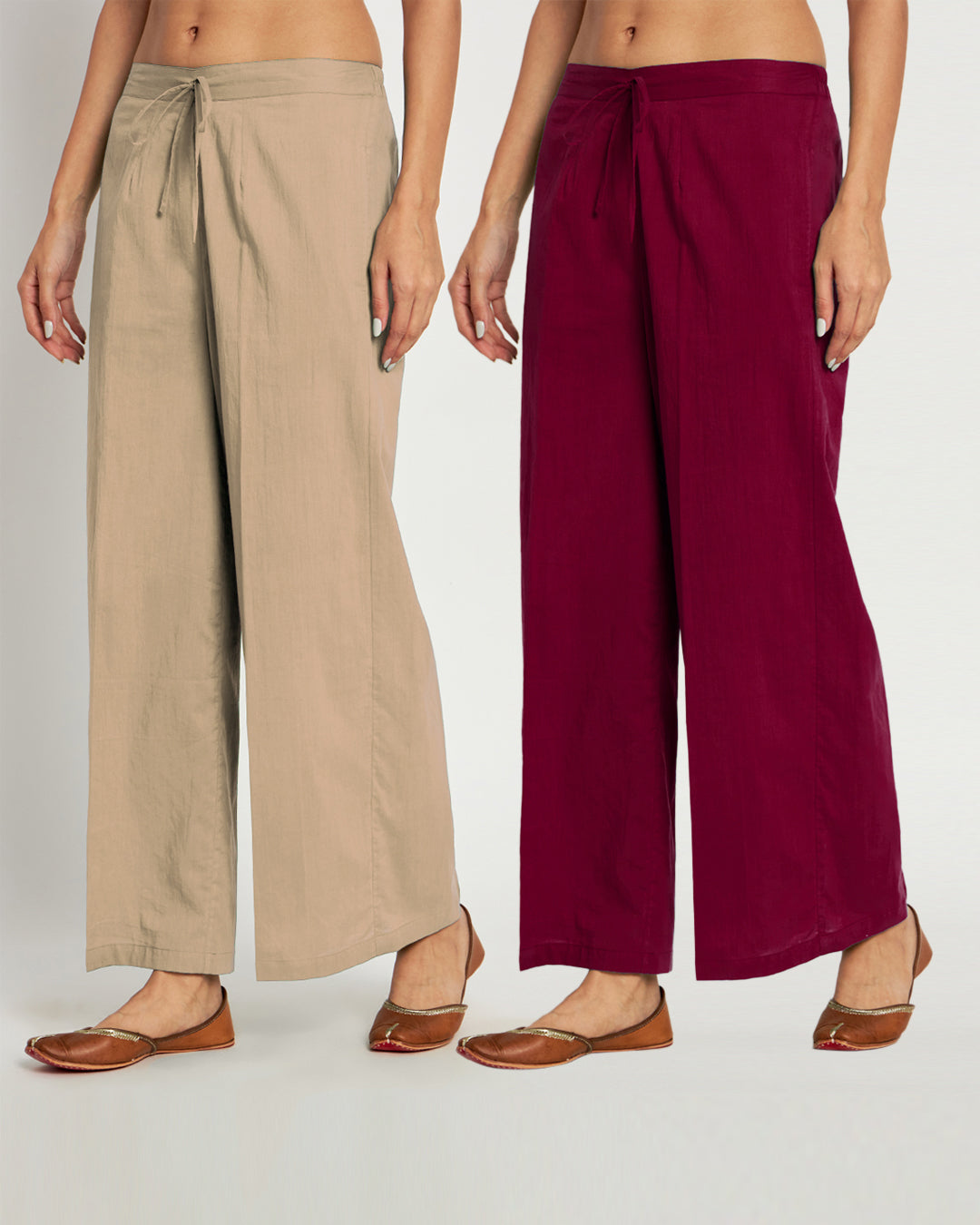 Combo: Beige & Russet Red Wide Pants- Set Of 2