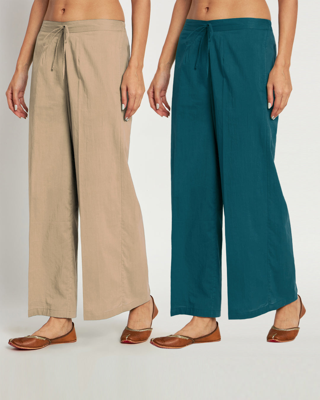 Combo: Beige & Deep Teal Wide Pants- Set Of 2
