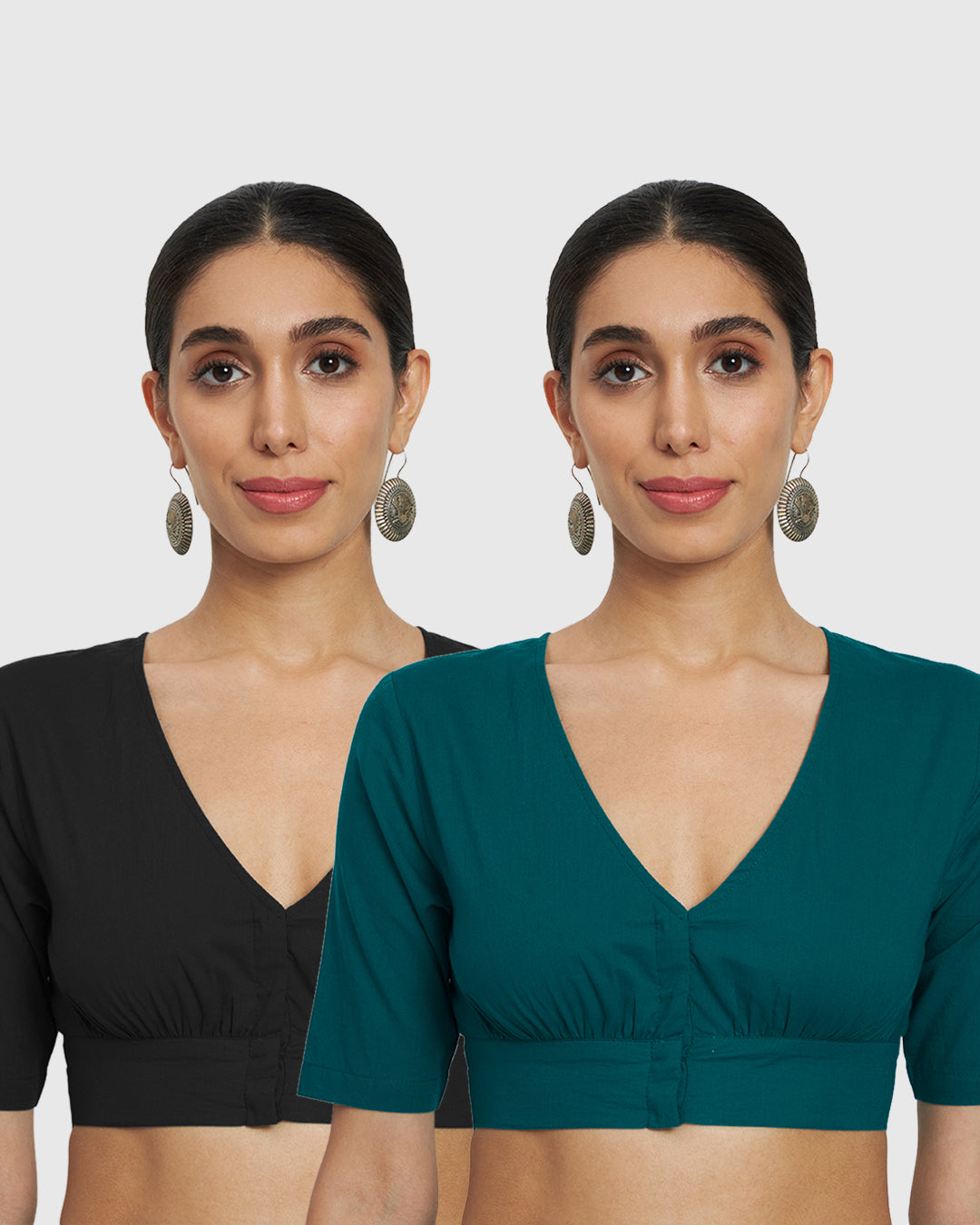 Combo: Black & Deep Teal V Gathers Blouse- Set of 2