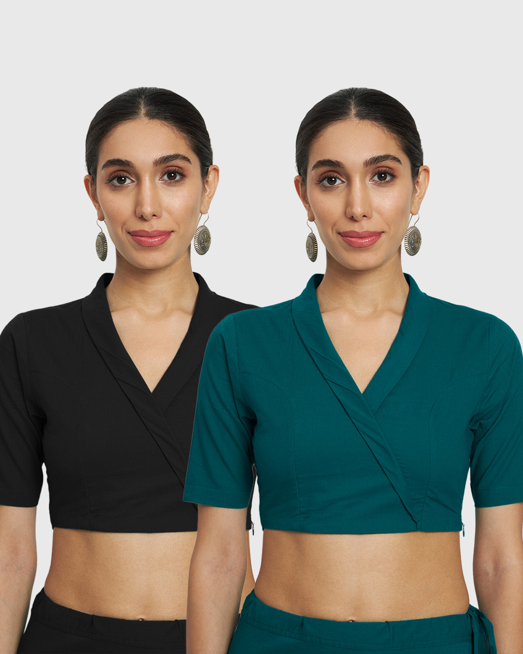 Combo: Black & Deep Teal Wrap Fusion Blouse- Set of 2