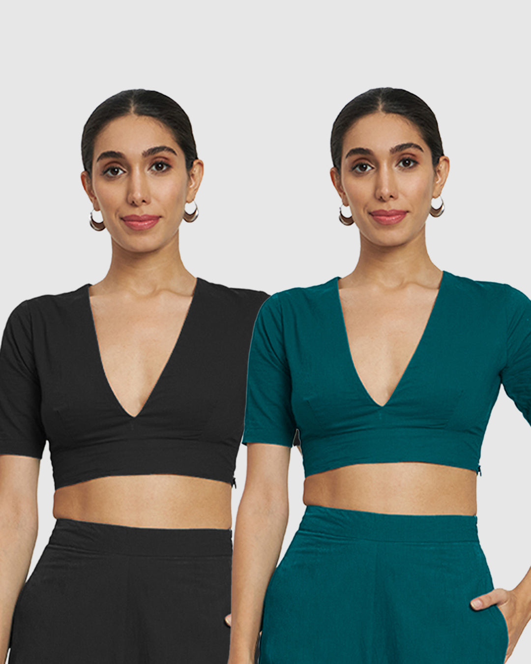 Combo: Black & Deep Teal Allure Deep V Blouse- Set of 2