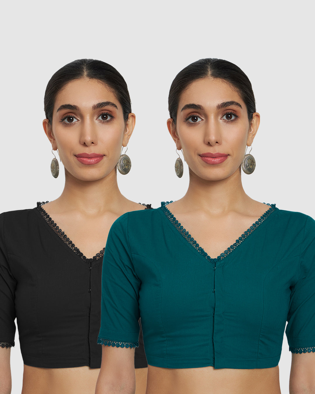 Combo: Black & Deep Teal V Neck Lace Medley Blouse- Set of 2