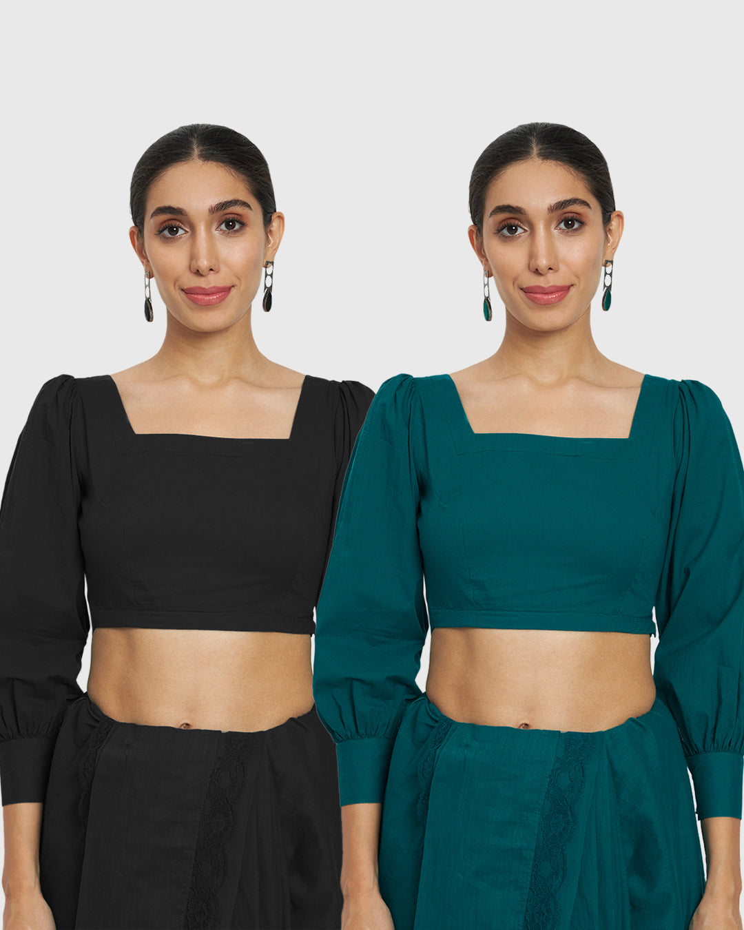 Combo: Black & Sage Green Squared Sleekness Blouse- Set of 2