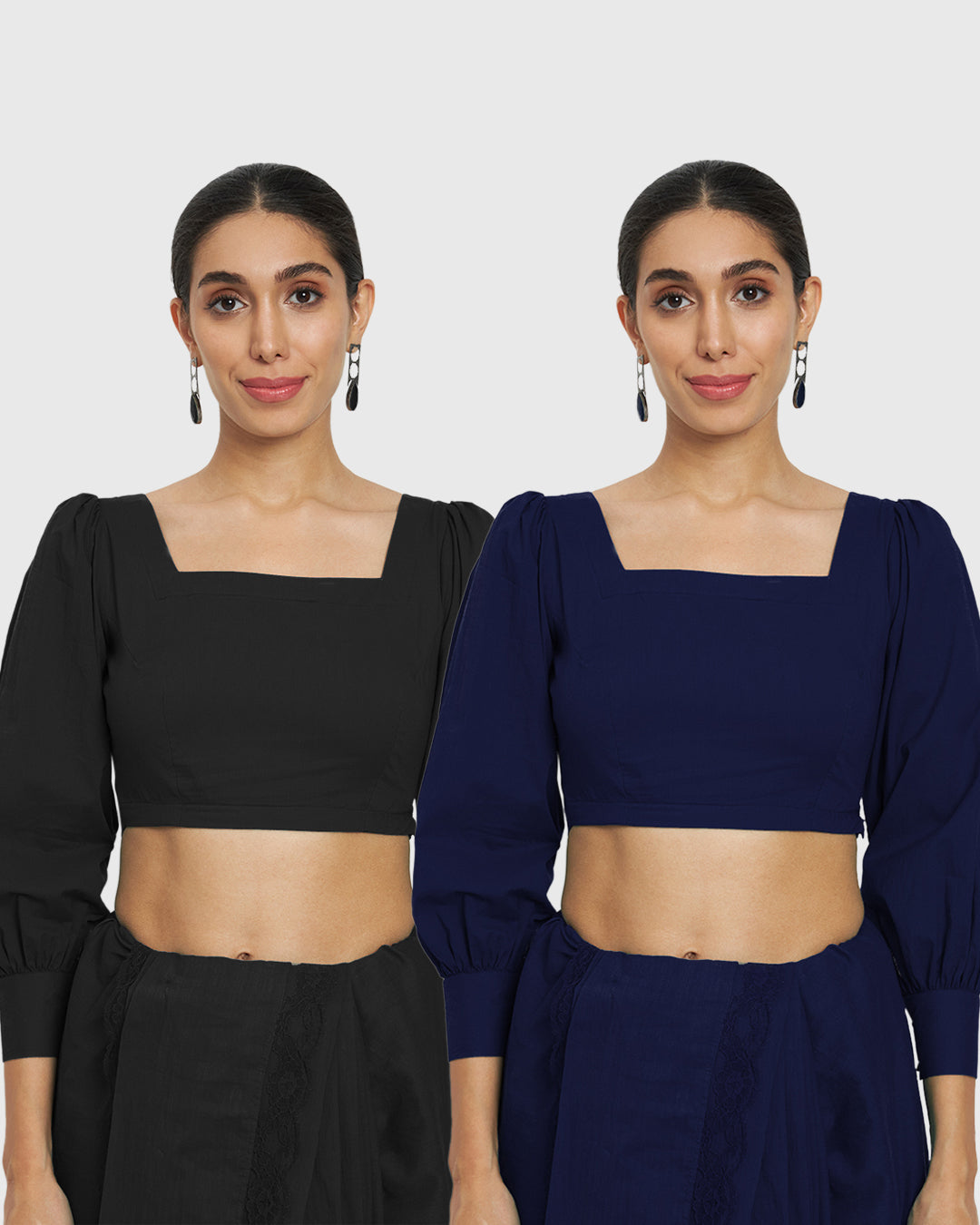 Combo: Classic Black & Midnight Blue Squared Sleekness Blouse- Set of 2