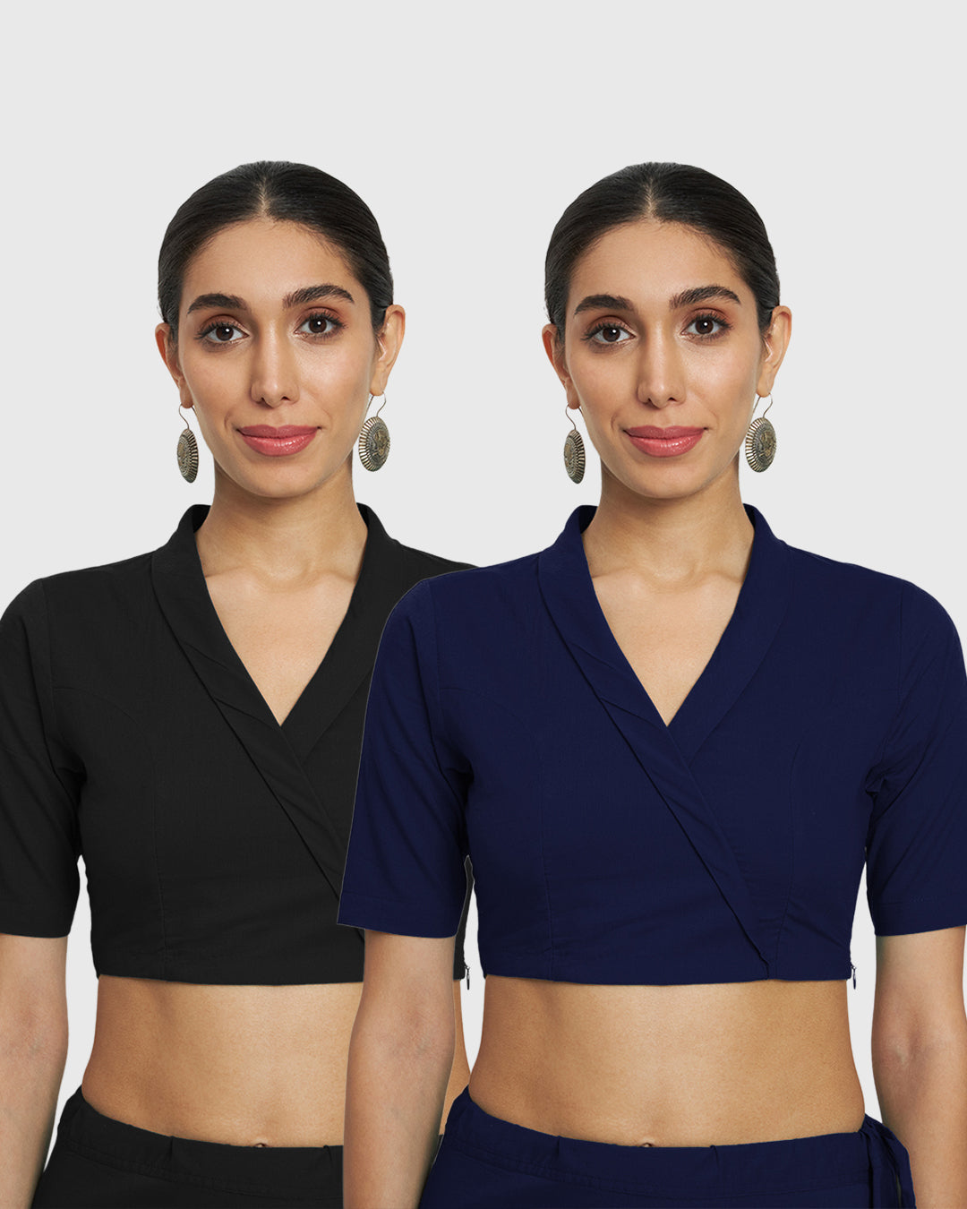 Combo: Classic Black & Midnight Blue Wrap Fusion Blouse- Set of 2