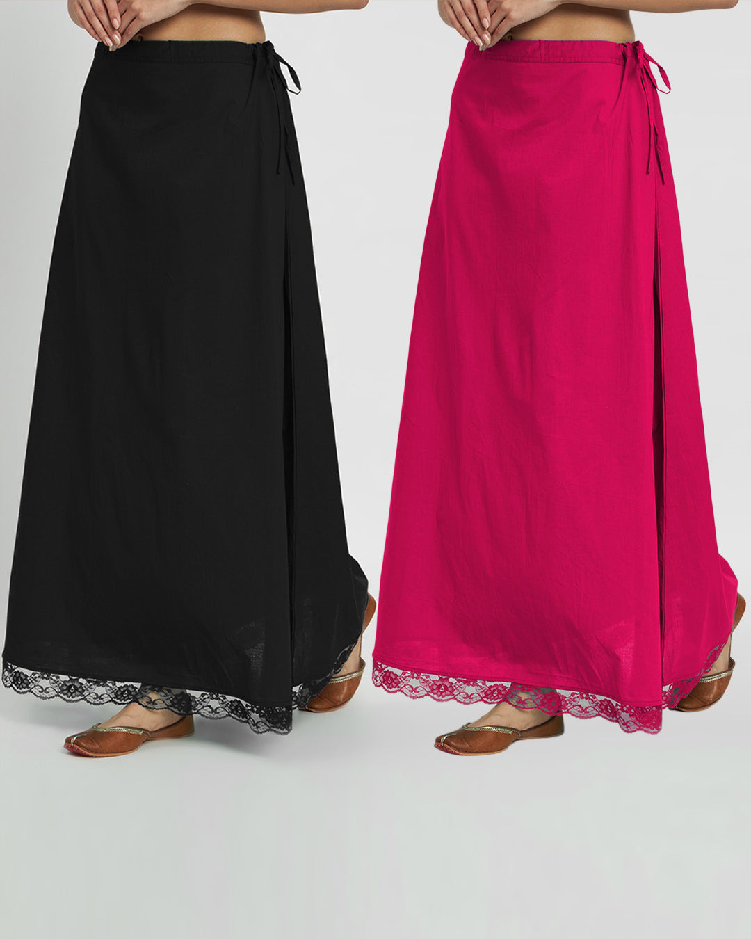 Combo: Black & Queen's Gulabi Lace Medley Peekaboo Petticoat- Set of 2