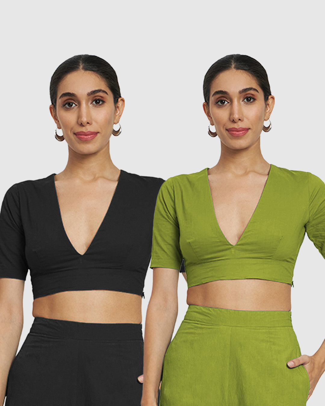 Combo: Black & Sage Green Allure Deep V Blouse- Set of 2