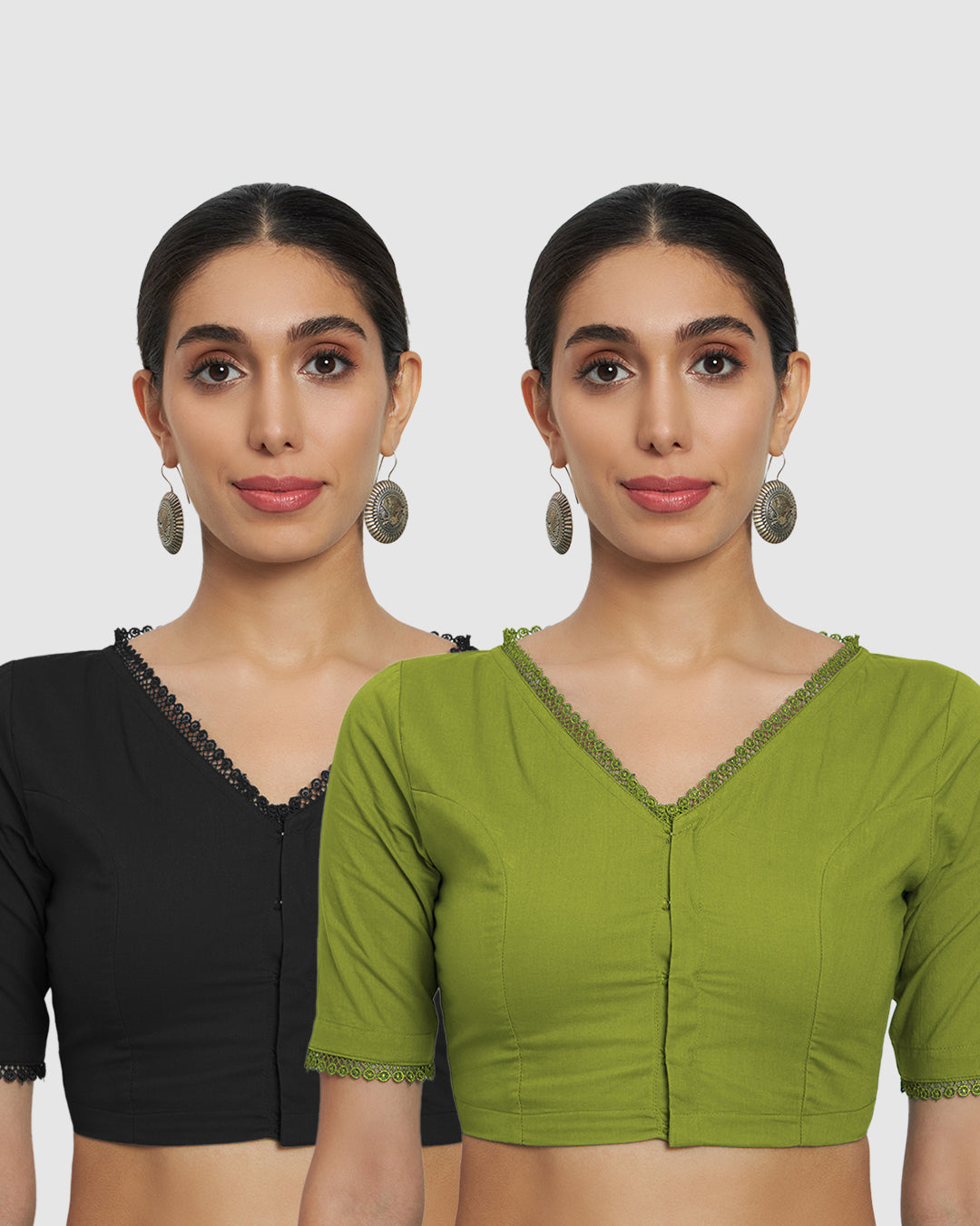 Combo: Black & Sage Green V Neck Lace Medley Blouse- Set of 2