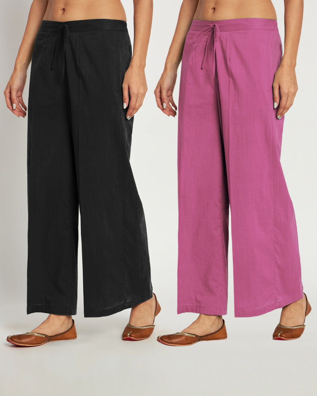 Combo: Black & Wings Of Rose Wide Pants- Set Of 2
