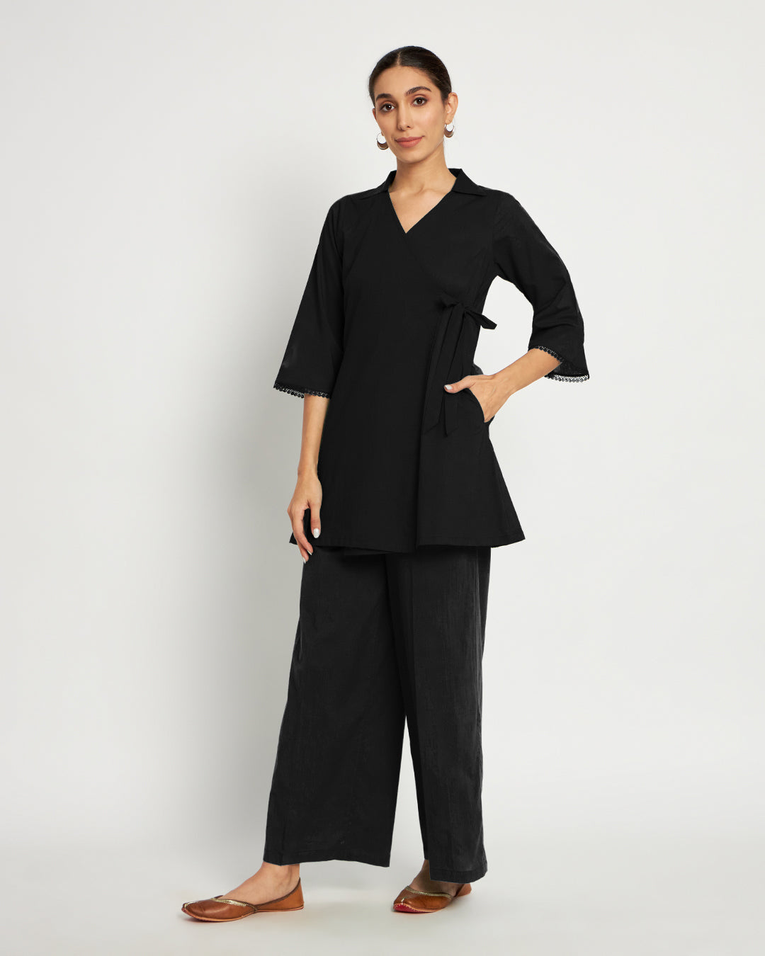 Classic Black Collar Neck Angrakha Solid Co-ord Set