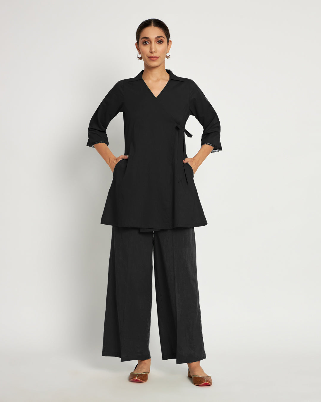 Classic Black Collar Neck Angrakha Solid Co-ord Set