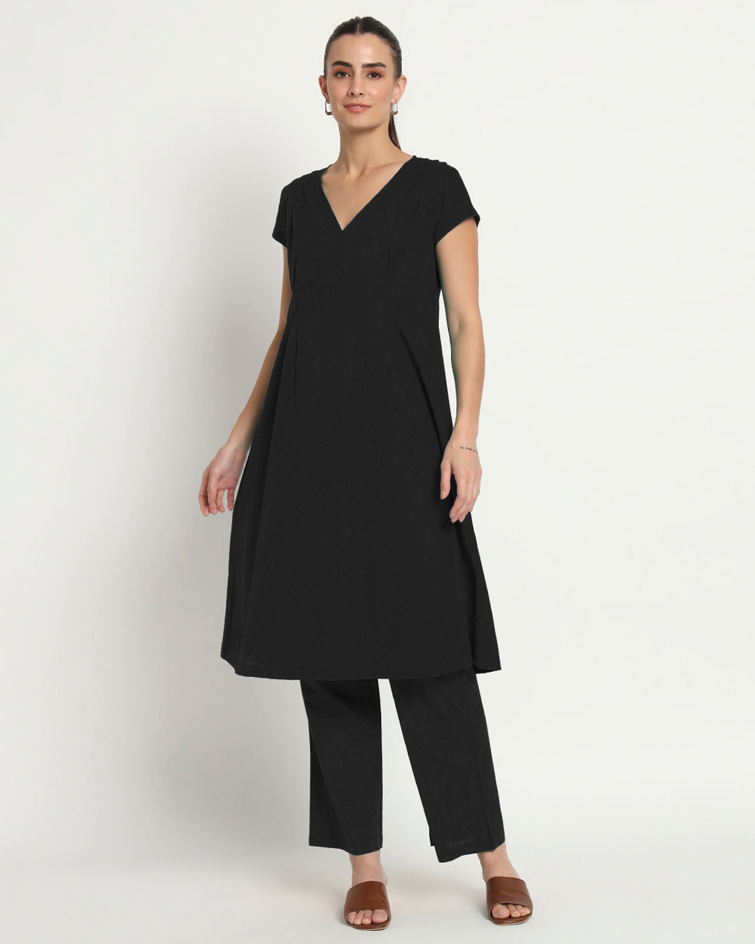 Classic Black Voguish Verve V Neck Solid Co-ord Set