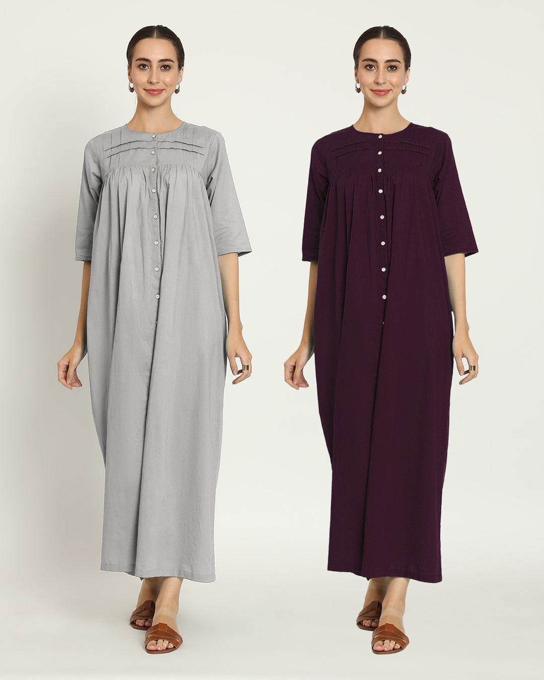 Combo: Iced Grey & Plum Passion Pleated Paradise Maxi Nightdress- Set Of 2