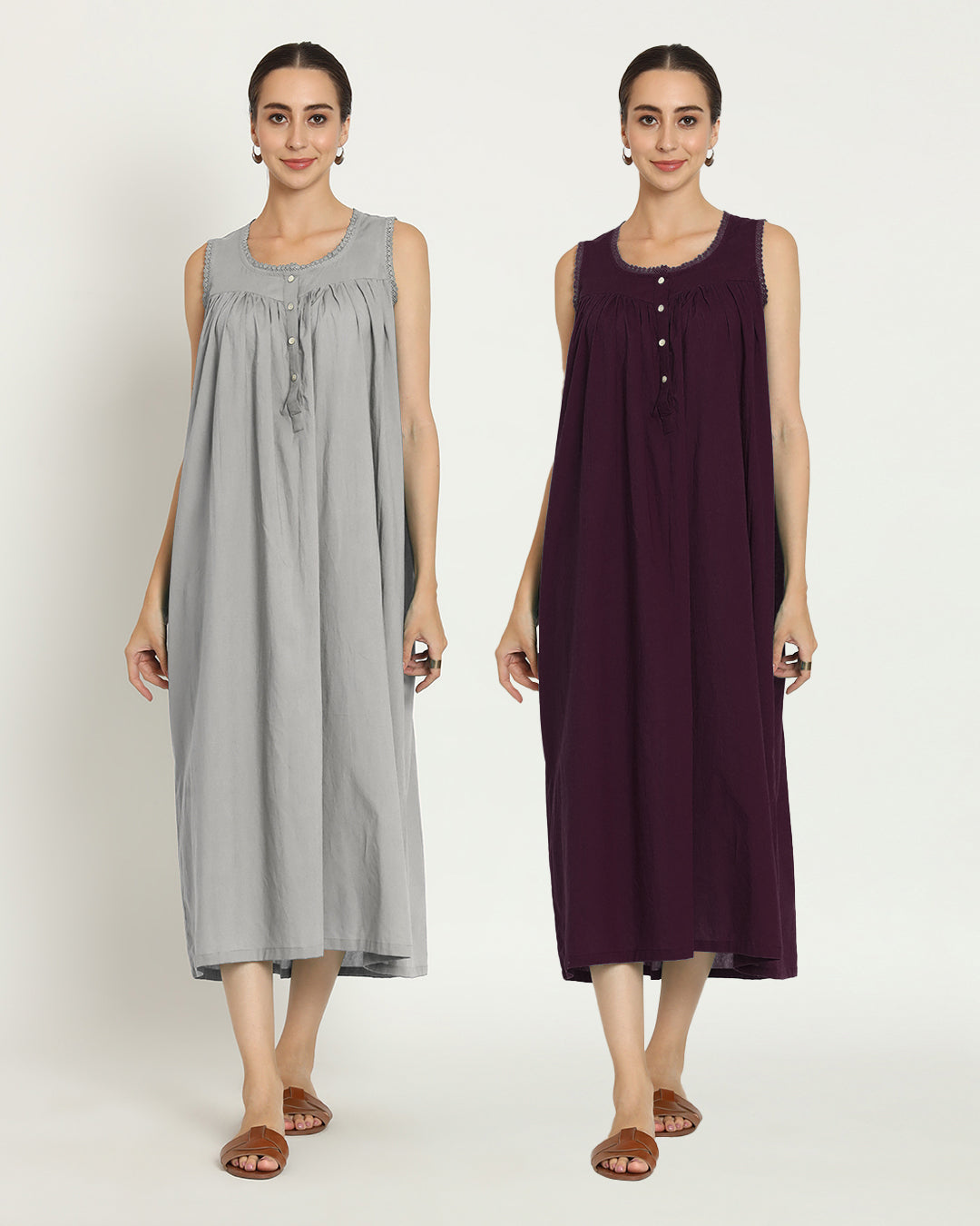 Combo: Iced Grey & Plum Passion Moonlight Mirage Nightdress- Set Of 2