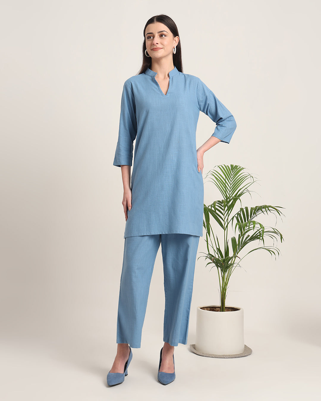 Blue Dawn Collar Neck Mid Length Solid Co-ord Set